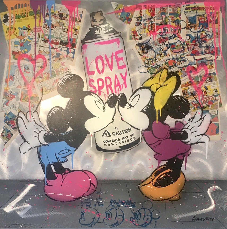 Mickey Love Spray, Unikat von Michel Fries, Mischtechnik auf Alu-Dibond, handsigniert, 100 x 100 cm, Preis auf Anfrage